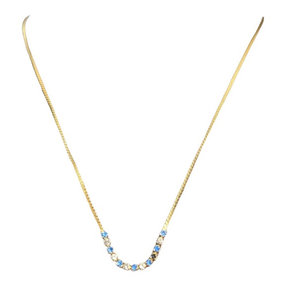 Vintage Blue & Clear Rhinestone Necklace Collar Gold Tone Chain Shiny 18.5 in - Picture 3 of 6